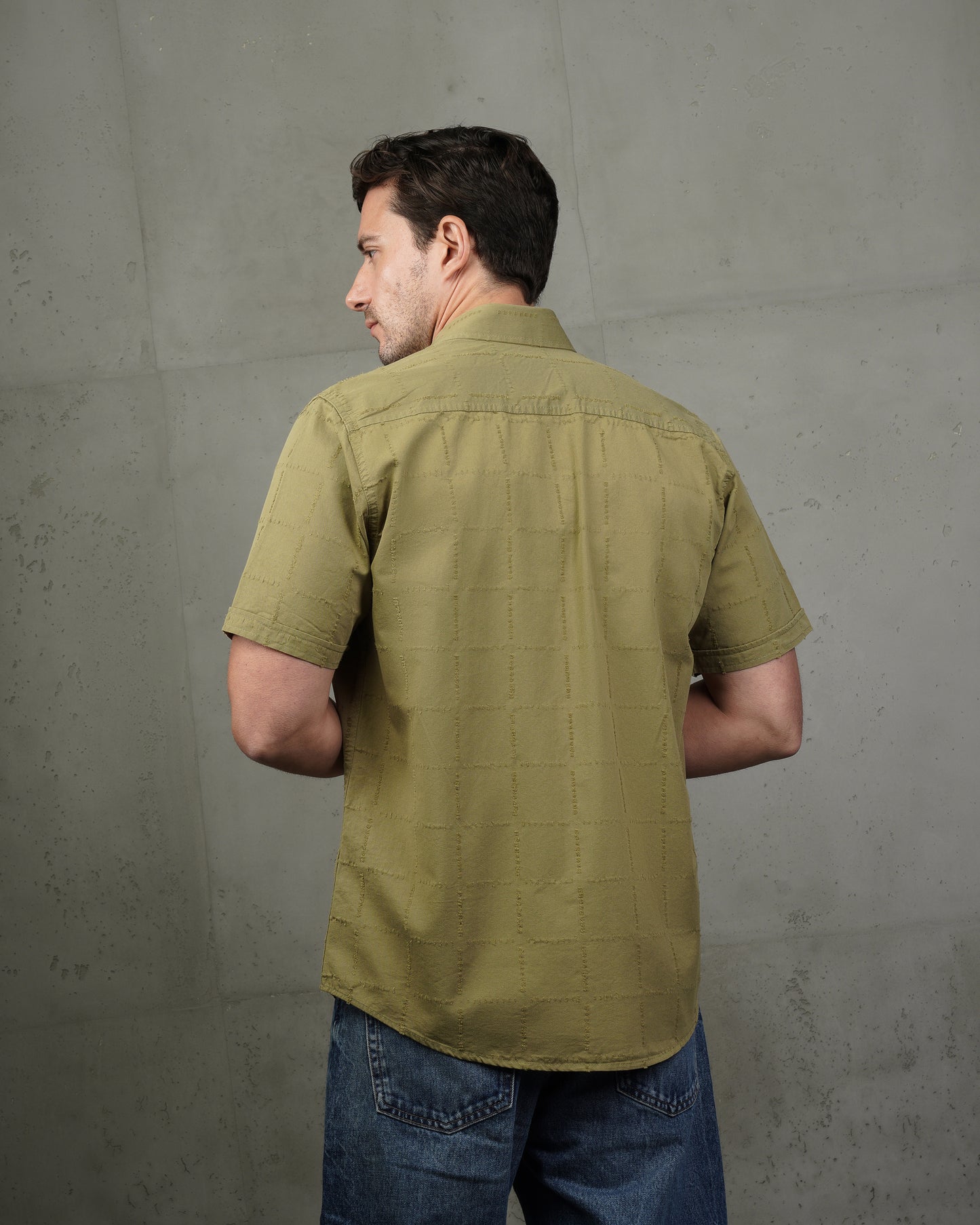 Oil Short Sleeve Textured Cotton Shirt