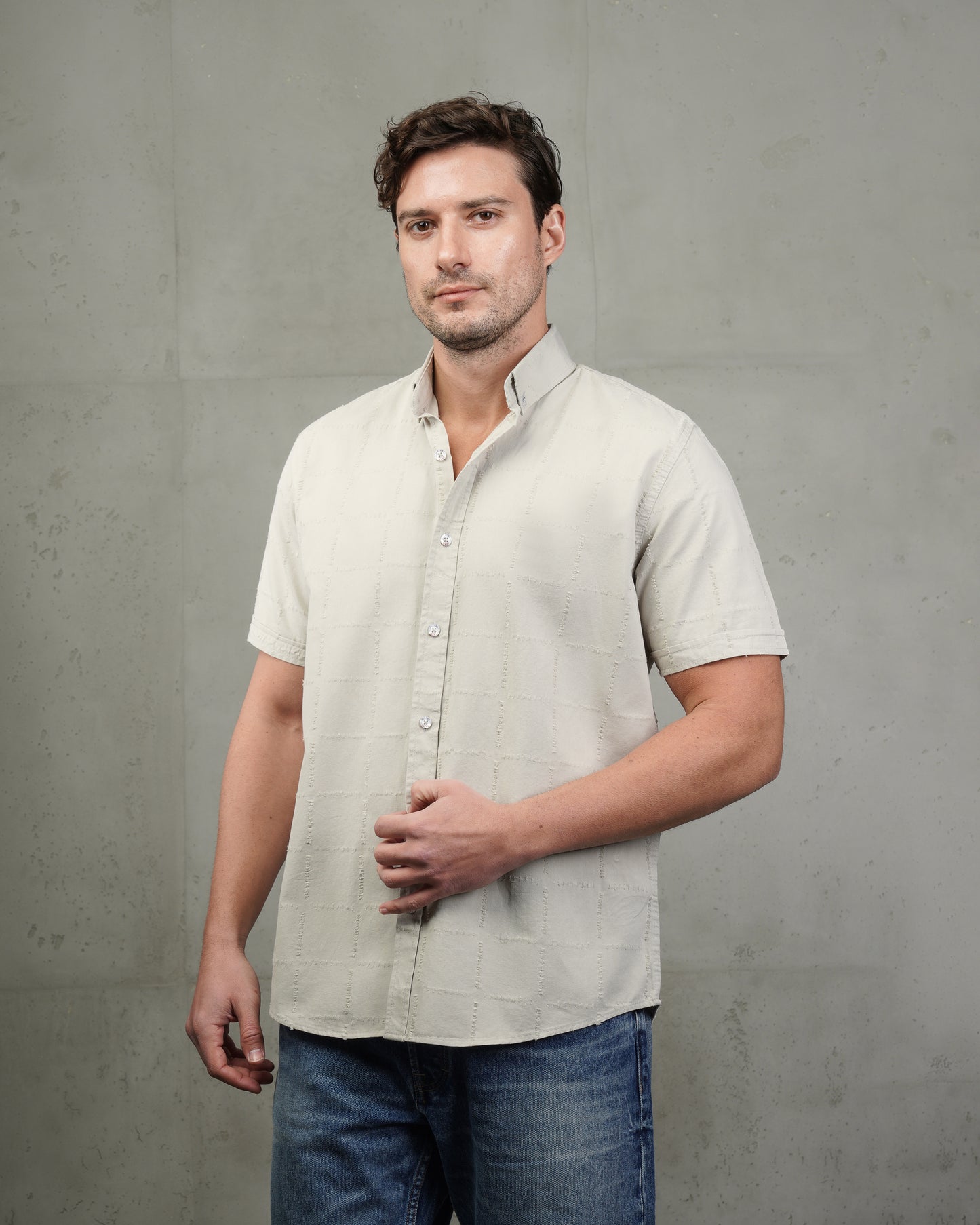 Light Mint Short Sleeve Textured Cotton Shirt