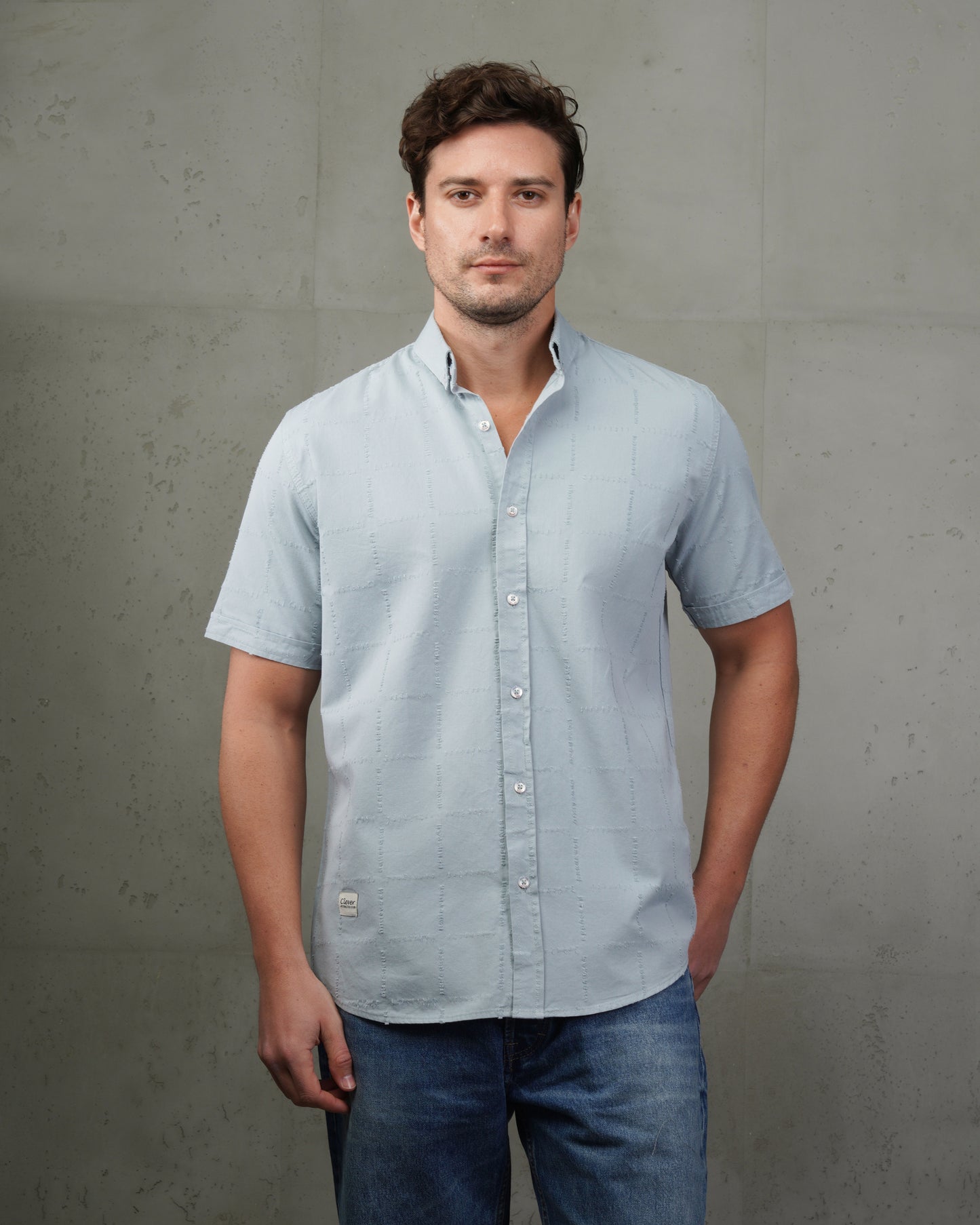 Light Blue  Short Sleeve Textured Cotton Shirt