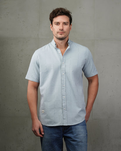 Light Blue  Short Sleeve Textured Cotton Shirt