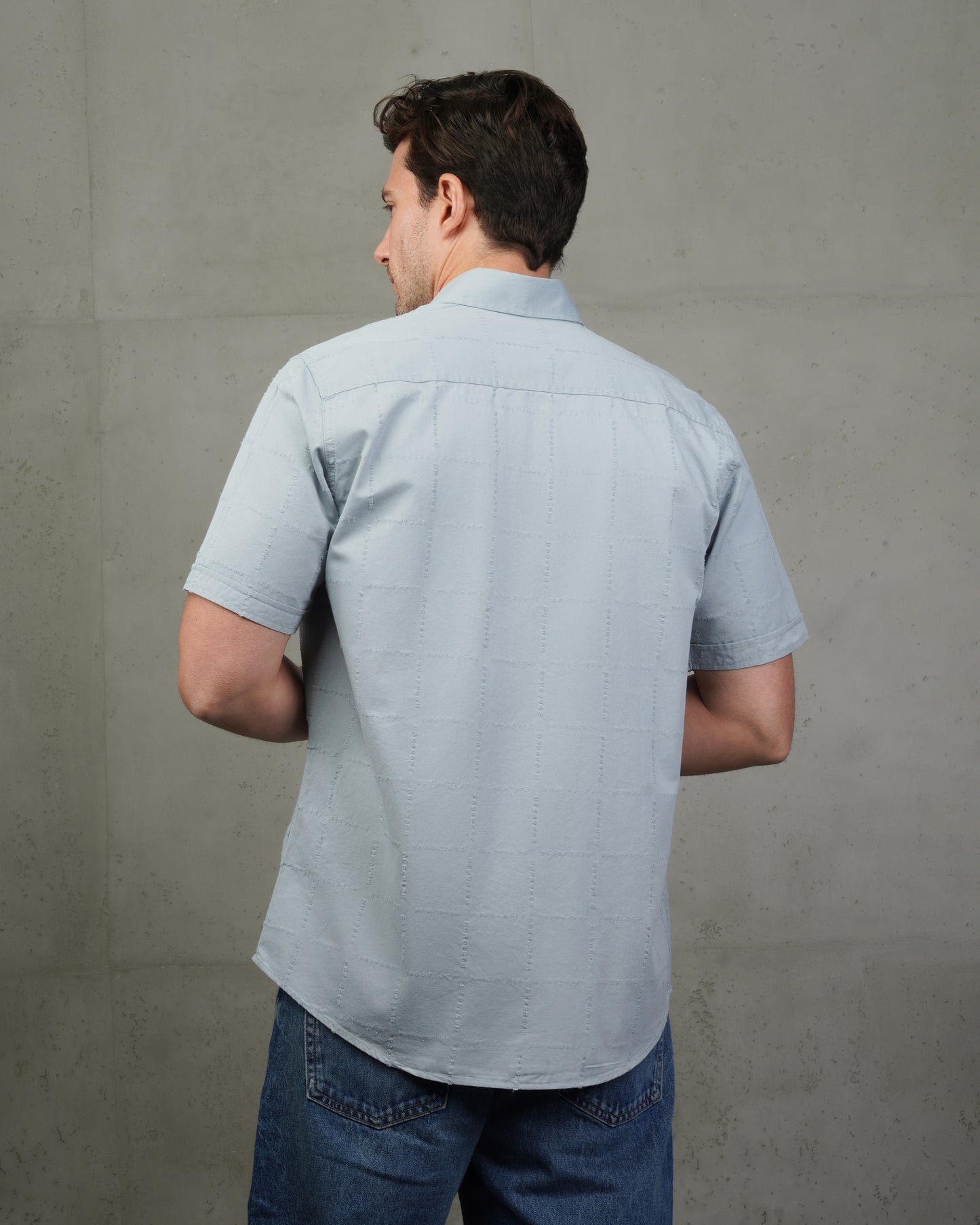 Light Blue  Short Sleeve Textured Cotton Shirt