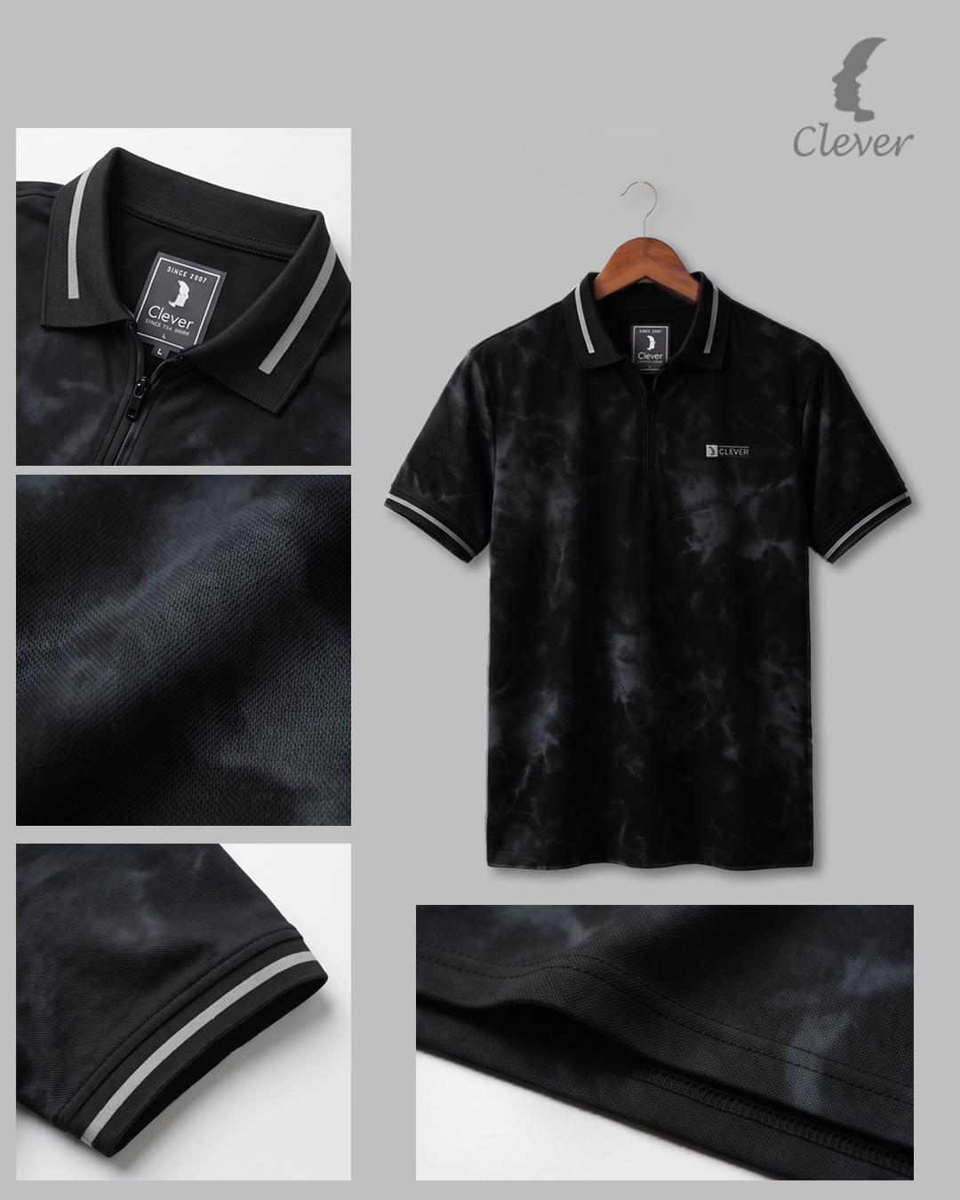 Grey Half-Zip printed Cotton Polo Shirt