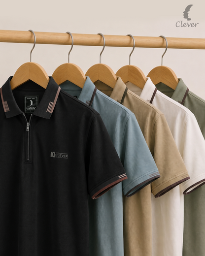 White Half-Zip Cotton Polo Shirt with Brown Trim