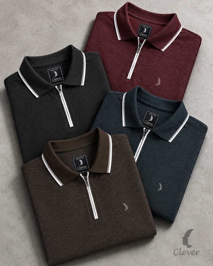 Brown Half-Zip Cotton Polo Shirt
