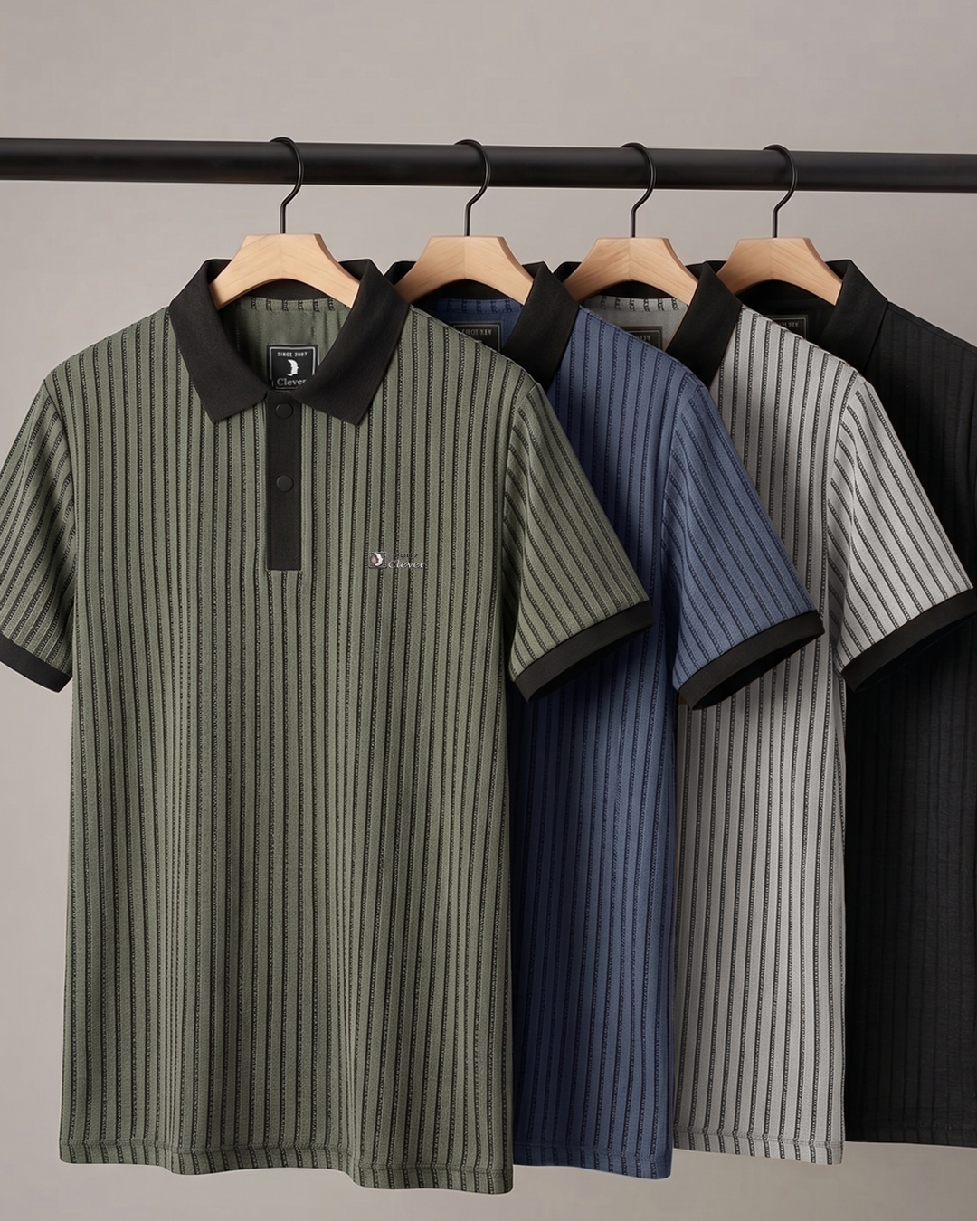 Beige Vertical Stripe Cotton Polo Shirt