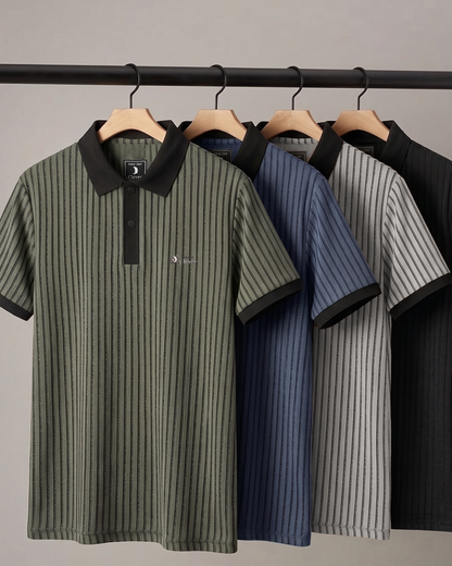 Beige Vertical Stripe Cotton Polo Shirt