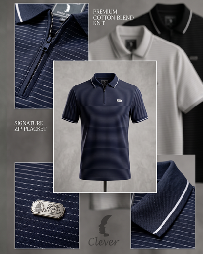 Olive Half-Zip Striped Cotton Polo Shirt